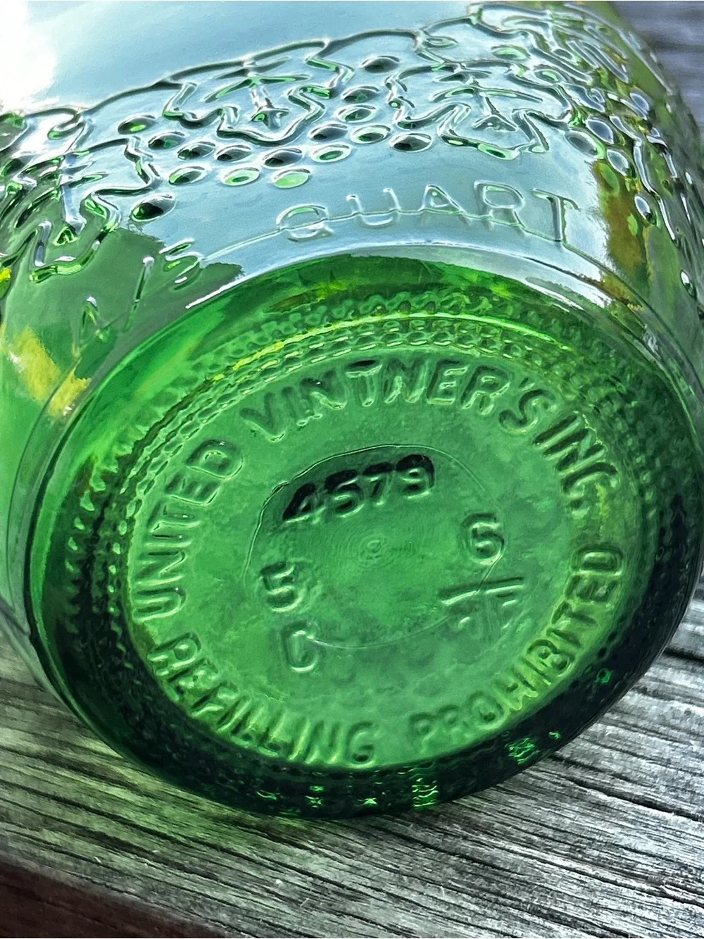Vintage 1968 United Vinters Green Embossed Glass Bottle Farmhouse decor
